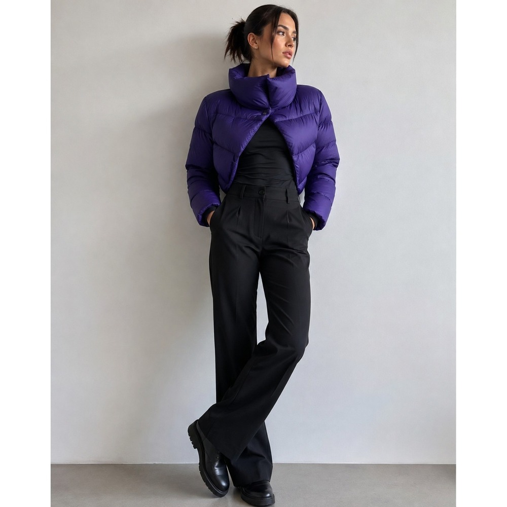 Coalition Purple Cropped Puffer Jacket M Statement Collar Designer Style Coat